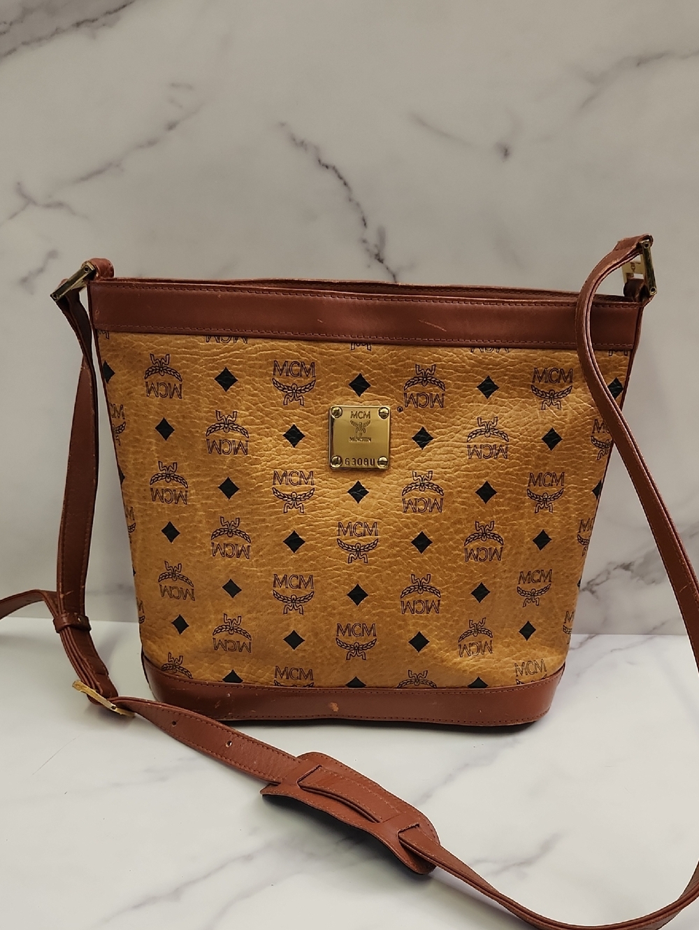 Authentic Vintage Logoglam Cognac Canvas MCM crossbody Shoulder Bag